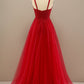 Red A Line Sweetheart Tulle Long Prom Dress with Beading Sparkly