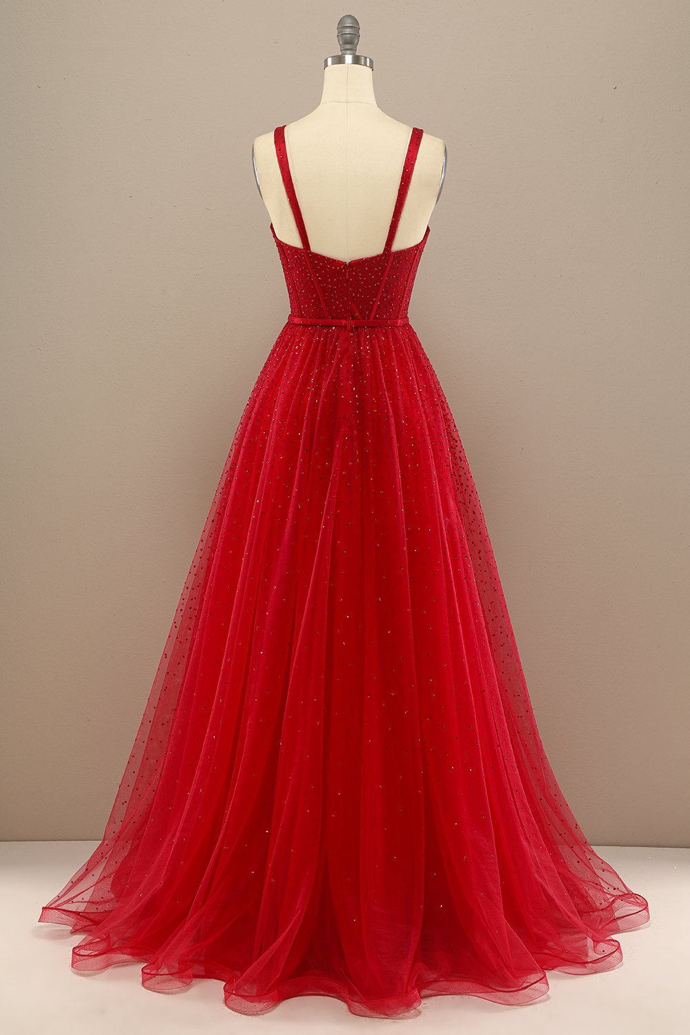 Red A Line Sweetheart Tulle Long Prom Dress with Beading Sparkly