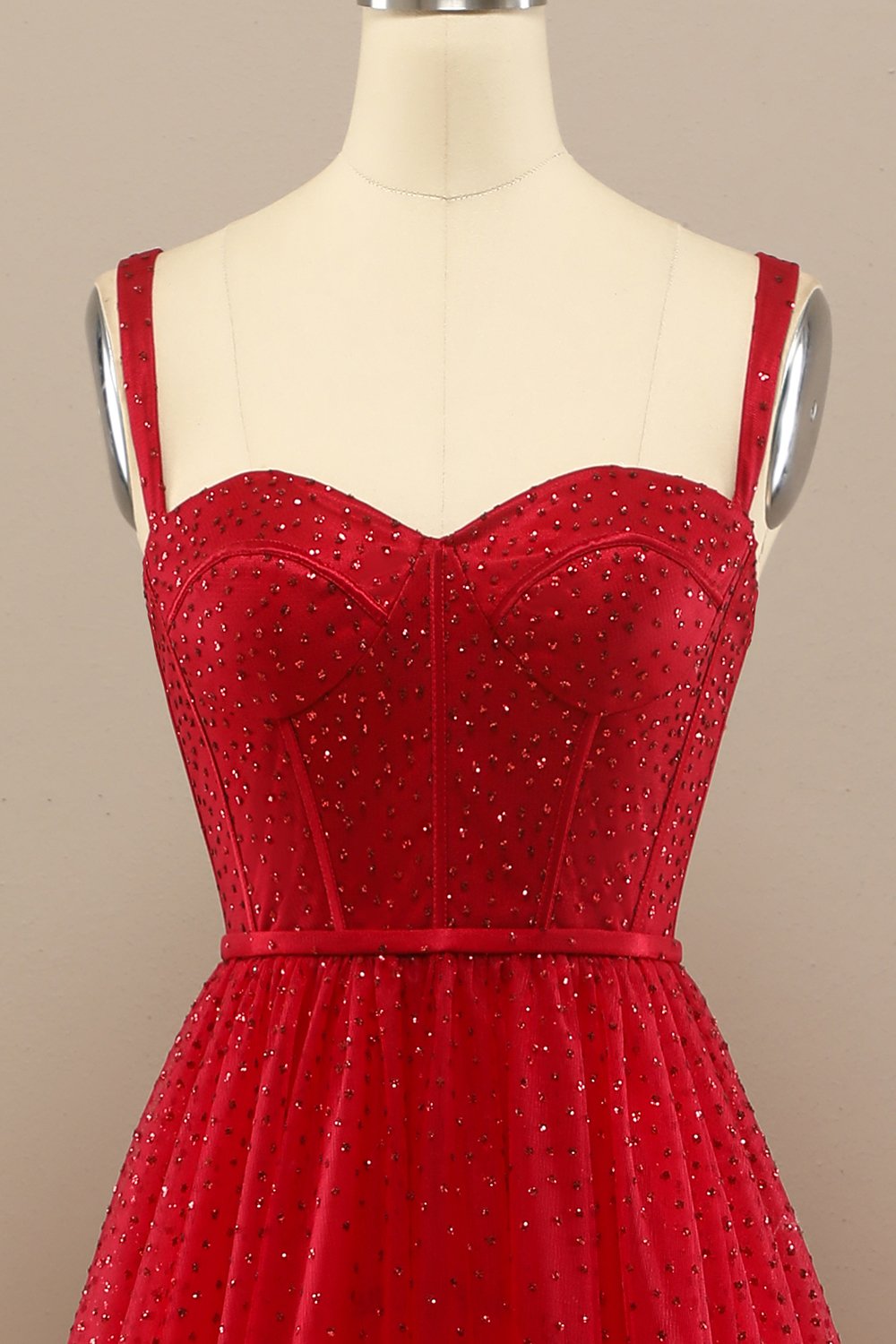 Red A Line Sweetheart Tulle Long Prom Dress with Beading Sparkly