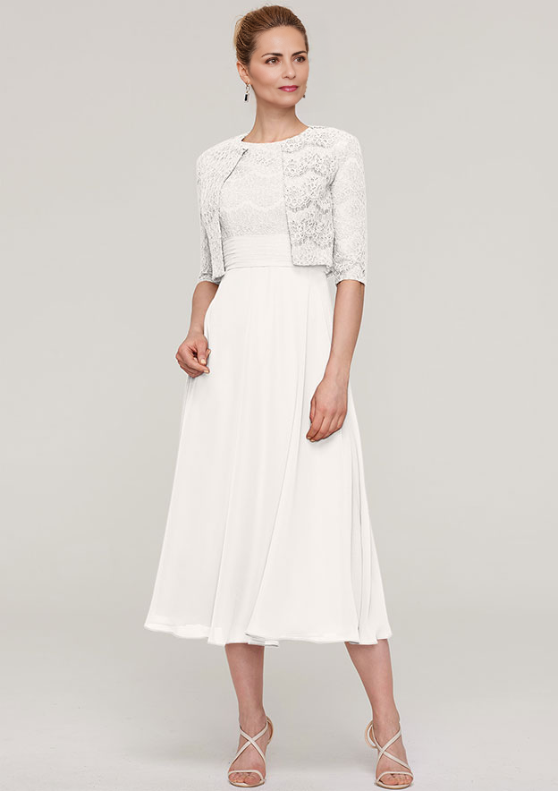 A-linePrincess Scoop Neck Sleeveless Tea-Length Chiffon Mother of the Bride Dress With Lace Jack Shortet