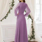 A-Line Bridesmaid Dress V Neck Long Sleeve Elegant Floor Length Chiffon with Pleats Pure Color