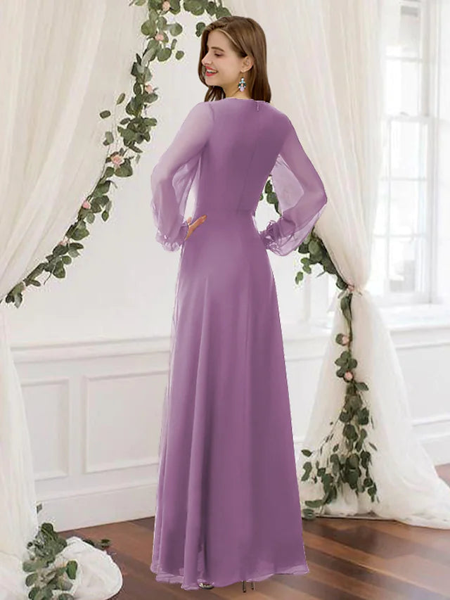 A-Line Bridesmaid Dress V Neck Long Sleeve Elegant Floor Length Chiffon with Pleats Pure Color