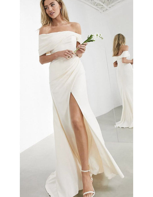 Beach Formal Wedding Dresses Mermaid / Trumpet Off Shoulder Sleeveless Floor Length Charmeuse Bridal Gowns