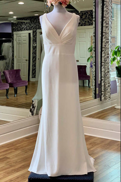 White V-Neck Square Back Long Bridal Gown Pure Color