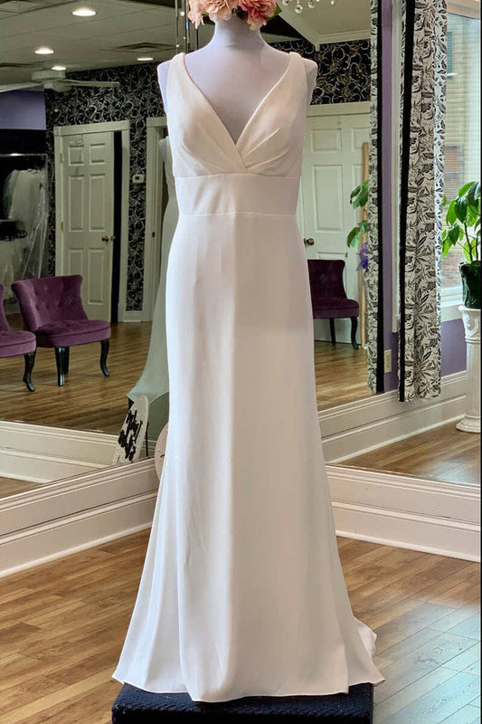 White V-Neck Square Back Long Bridal Gown Pure Color