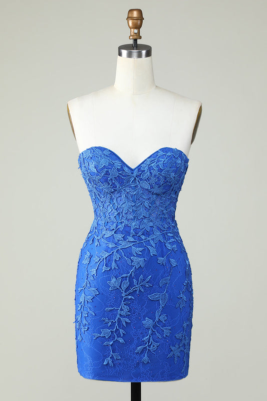 Royal Blue Strapless Tight Homecoming Dress With Appliques Off Shoulder