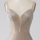 Sparkly Champagne Mermaid Spaghetti Straps Long Prom Dress with Slit Sexy Evening Dresses