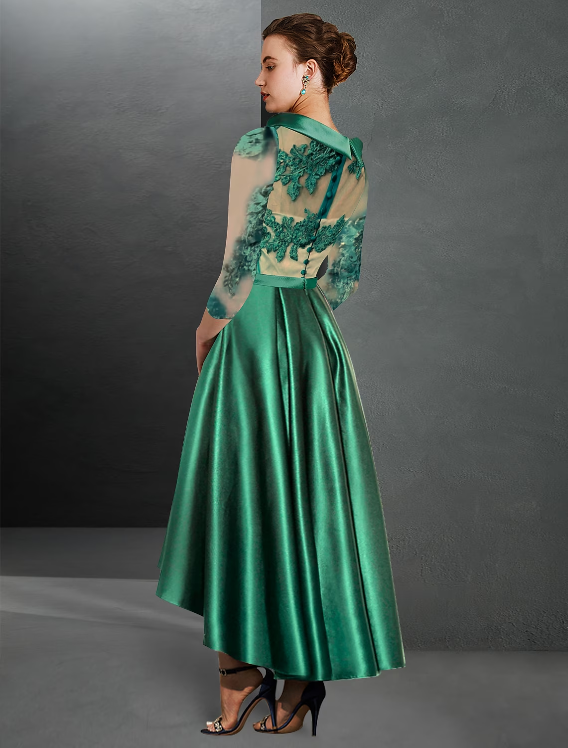 A-Line Cocktail Dresses Elegant Dress Formal Asymmetrical 3/4 Length Sleeve Jewel Neck Satin with Pleats