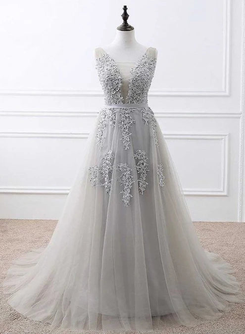 Light Grey Long Party Dress New Prom Dress A Line Sleeveless Royal Blue Evening Dress with Appliques