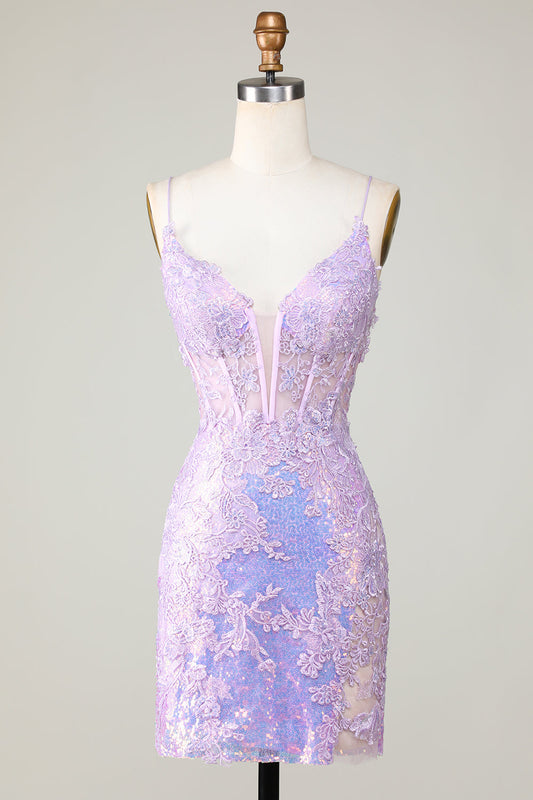 Glitter Tight Spaghetti Straps Purple Corset Homecoming Dress With Criss Cross Back Short