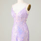 Glitter Tight Spaghetti Straps Purple Corset Homecoming Dress With Criss Cross Back Short