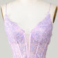Glitter Tight Spaghetti Straps Purple Corset Homecoming Dress With Criss Cross Back Short