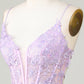 Glitter Tight Spaghetti Straps Purple Corset Homecoming Dress With Criss Cross Back Short