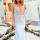 Mermaid Spaghetti Straps V Neck Light Blue Long Prom Dress with Appliques Sexy