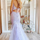 Lilac Mermaid Spaghetti Straps V Neck Corset Prom Dress with Appliques Sexy