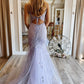Lilac Mermaid Spaghetti Straps V Neck Corset Prom Dress with Appliques Sexy