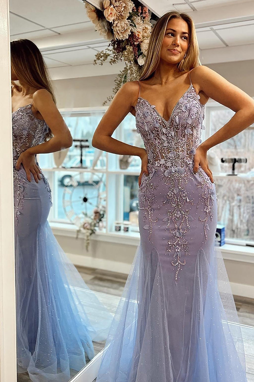 Mermaid Spaghetti Straps Lilac Corset Prom Dress with Beading Sexy