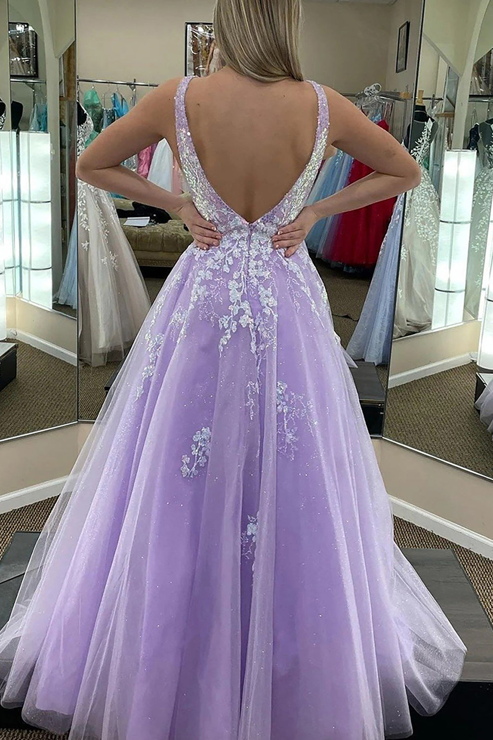 Spaghetti Straps A Line Lilac Sparkly Prom Dress with Appliques Open Back