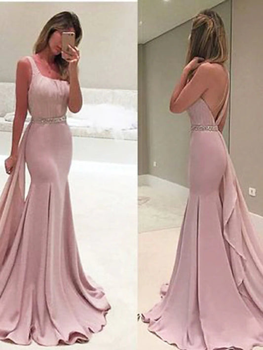 Sheath / Column Evening Gown Elegant Dress Party Wear Sweep / Brush Train Sleeveless One Shoulder Chiffon