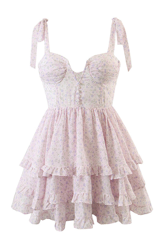 Pink A-Line Tie Straps Printed Graduation Dress Short
