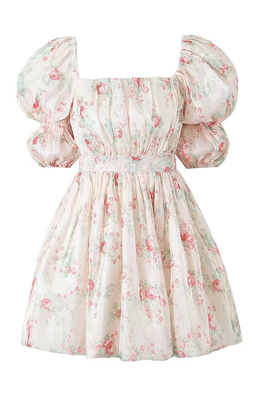 Floral Printed Light Pink A-Line Puff Sleeves Graduation Dress Short