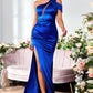 Mermaid One Shoulder Royal Blue Long Prom Dress with Split Front Sexy