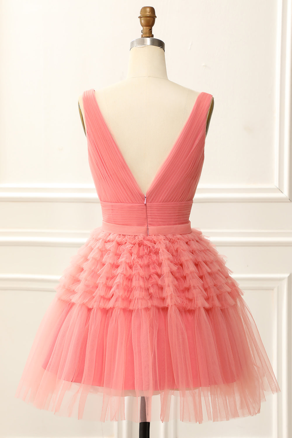A Line Tulle V-Neck Homecoming Dress With Ruffles Pure Color