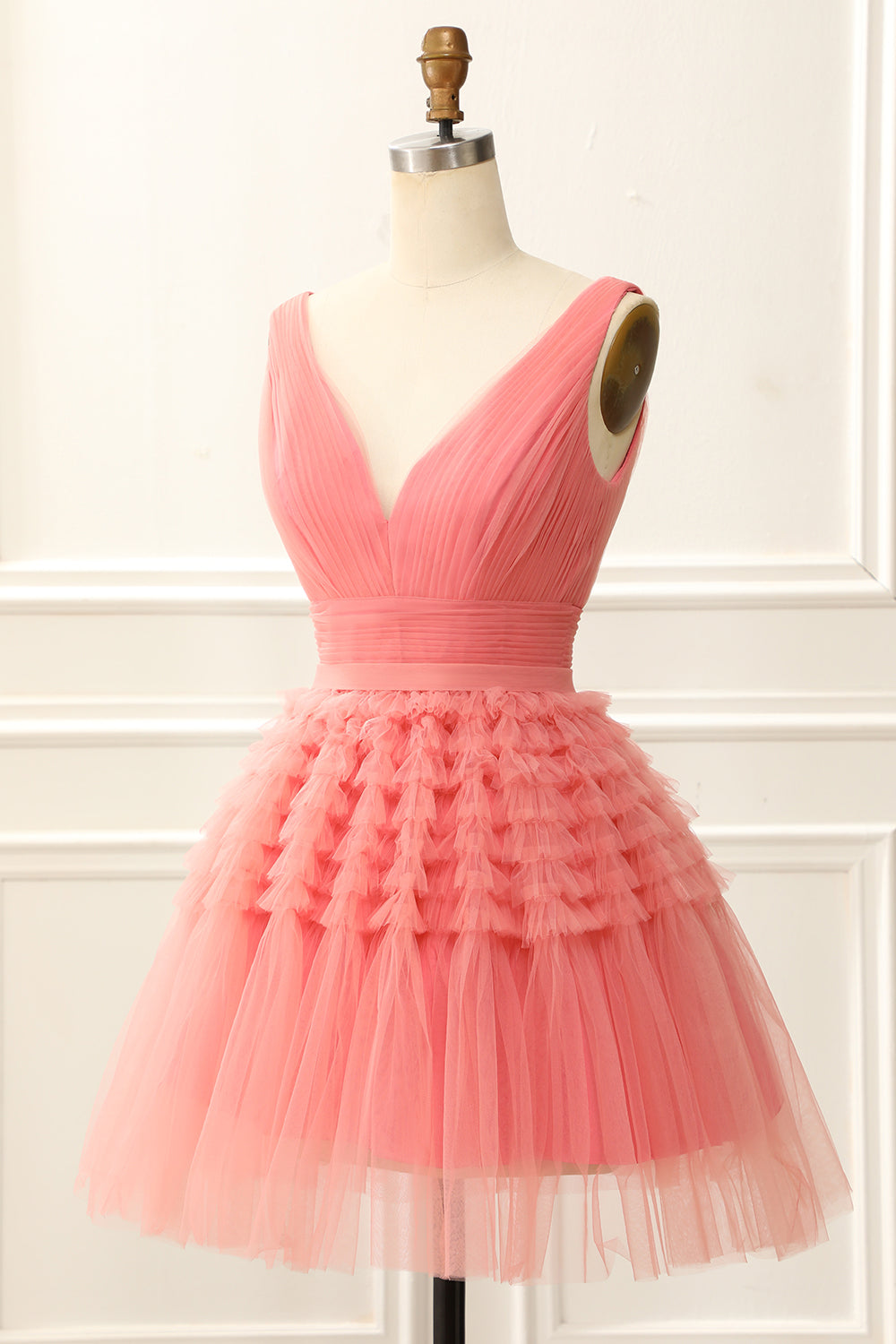A Line Tulle V-Neck Homecoming Dress With Ruffles Pure Color