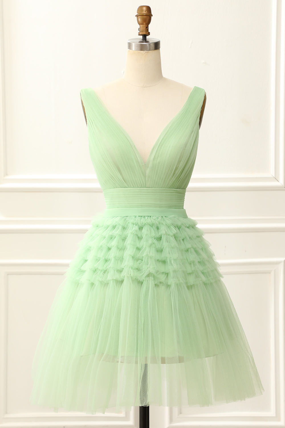A Line Tulle V-Neck Homecoming Dress With Ruffles Pure Color