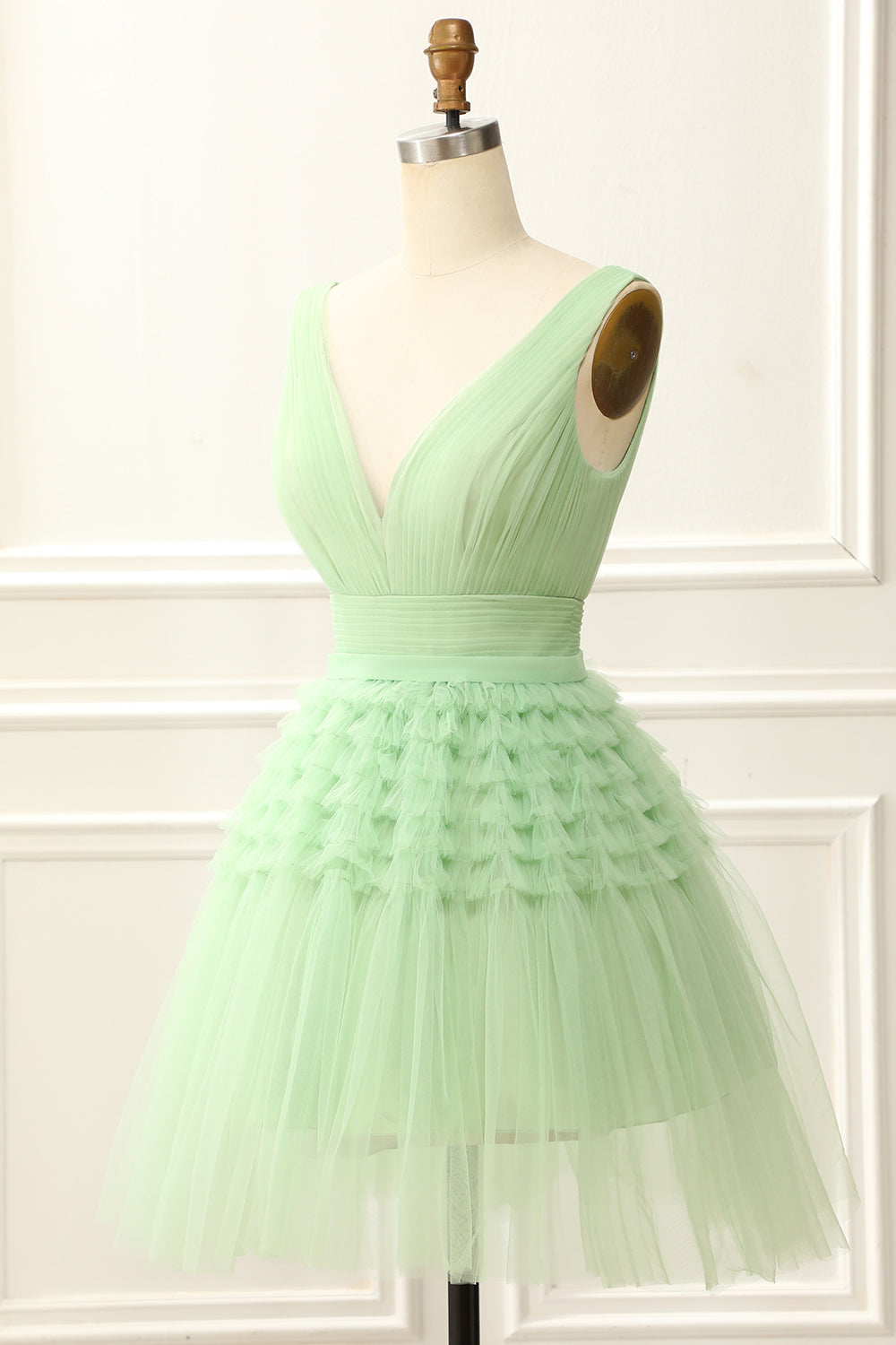 A Line Tulle V-Neck Homecoming Dress With Ruffles Pure Color