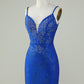 Royal Blue Beaded Spaghetti Straps Tight Homecoming Dress Sexy
