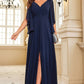 Elegant Navy Chiffon Long Prom Dress With Slit Sexy Evening Dresses