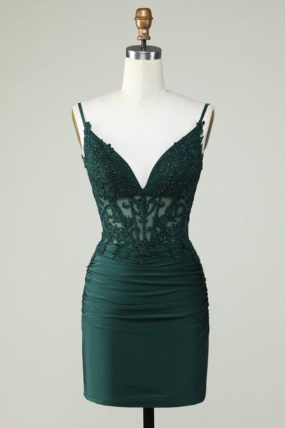 Spaghetti Straps Dark Green Corset Homecoming Dress With Appliques V-neck