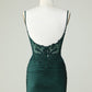 Spaghetti Straps Dark Green Corset Homecoming Dress With Appliques V-neck