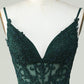 Spaghetti Straps Dark Green Corset Homecoming Dress With Appliques V-neck