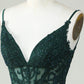 Spaghetti Straps Dark Green Corset Homecoming Dress With Appliques V-neck