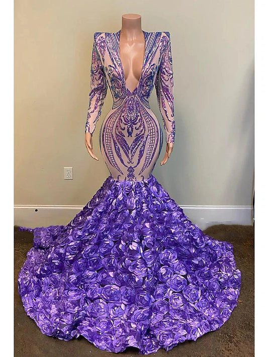 Mermaid / Trumpet Evening Gown Floral Dress Formal Court Train Long Sleeve V Neck African American Sequined