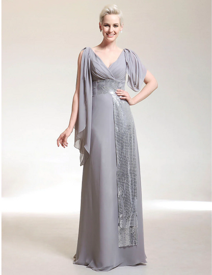 Sheath / Column Celebrity Style Dress Formal Evening Floor Length Short Sleeve V Neck Chiffon with Criss Cross
