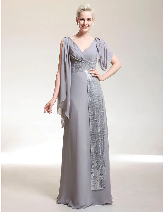 Sheath / Column Celebrity Style Dress Formal Evening Floor Length Short Sleeve V Neck Chiffon with Criss Cross