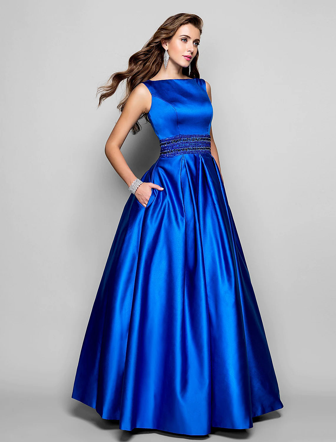 A-Line Elegant Dress Wedding Guest Floor Length Sleeveless Boat Neck Pocket Satin