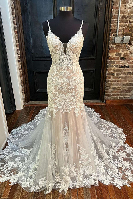 Off-White Appliques Backless Trumpet Long Wedding Dress V-neck