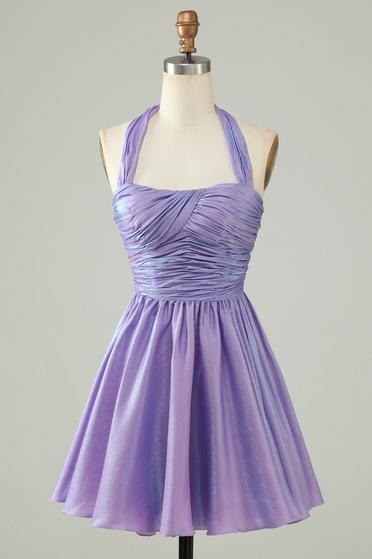 Purple A-Line Satin Halter Homecoming Dress With Pleated Short