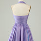 Purple A-Line Satin Halter Homecoming Dress With Pleated Short