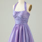 Purple A-Line Satin Halter Homecoming Dress With Pleated Short