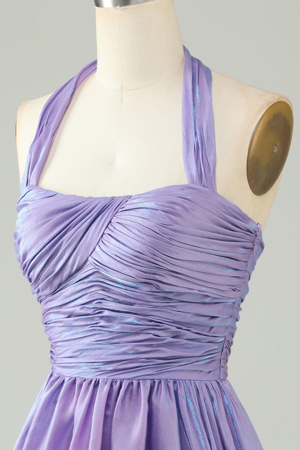 Purple A-Line Satin Halter Homecoming Dress With Pleated Short