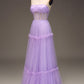 Sparkly Purple A Line Long Corset Sequined Prom Dress Off Shoulder