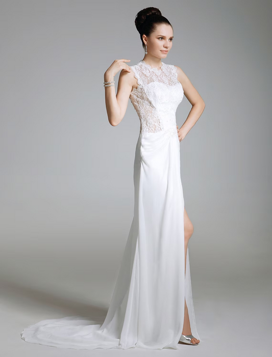 Sheath / Column Celebrity Style Dress Formal Evening Sweep / Brush Train Sleeveless Illusion Neck Chiffon with Lace Split
