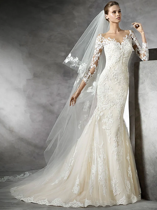 Wedding Dresses V Neck Lace Length Sleeve Sexy Illusion Sleeve with Lace