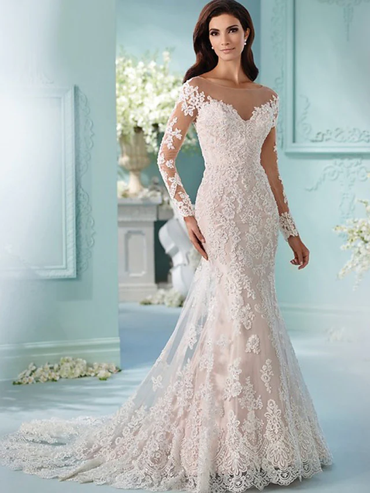 Wedding Dresses Scoop Neck Chapel Train Lace Tulle Lace Over Satin Long Sleeve Formal Sexy Beautiful Back Illusion Sleeve
