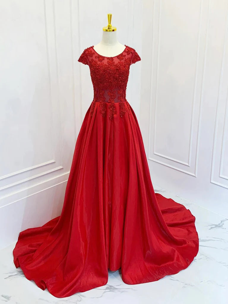 A-Line Scoop Neckline Satin Lace Long Prom Dress Red